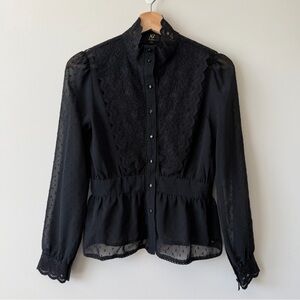 Black Lace-Trim Peplum Blouse